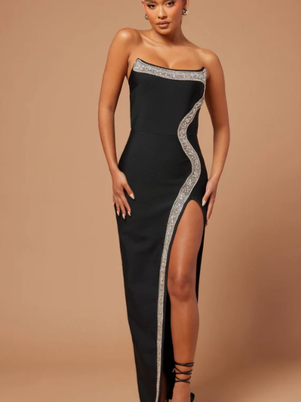Fashion Nova Black Strapless Gown with Silver Crystal Trim